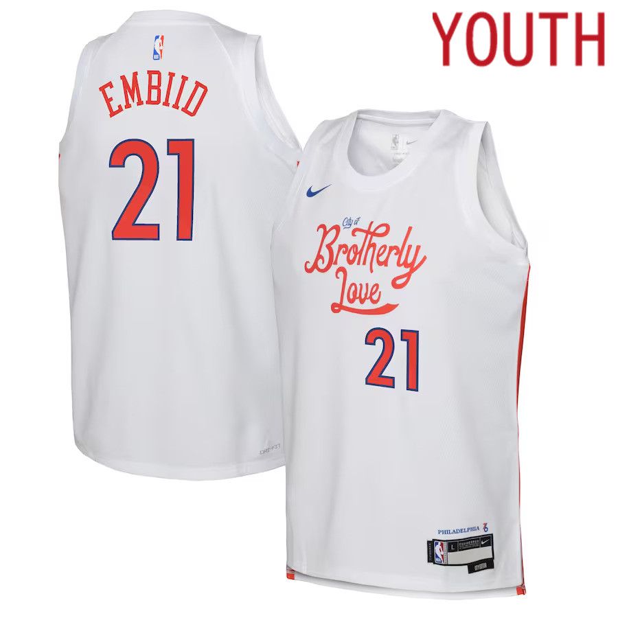 Youth Philadelphia 76ers #21 Joel Embiid Nike White City Edition 2022-23 Swingman NBA Jersey